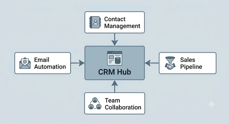 ActiveCampaign review infographic: automation setup, CRM features, and pricing comparison for small teams