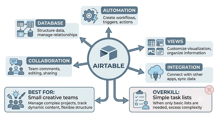 Airtable review infographic summarizing key features, pricing tiers, and team fit criteria