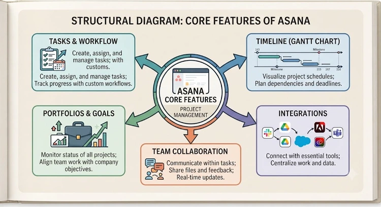 Asana review infographic summarizing plans, features, and best practices for small teams