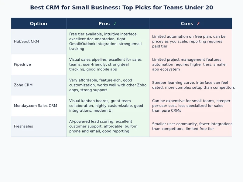 CRM comparison chart for small business teams under 20 people showing pricing and features