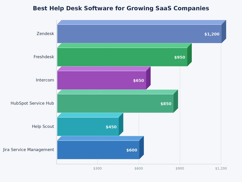 Bar chart comparing help desk software adoption rates among SaaS companies by team size and growth stage