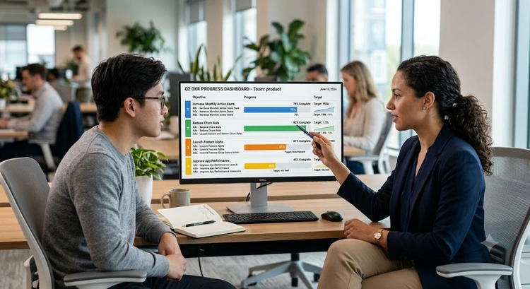 Best OKR software for goal tracking in mid-size companies showing cascading objectives dashboard