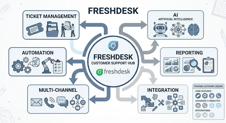 Freshdesk review infographic comparing plan tiers, setup milestones, and team scaling checkpoints