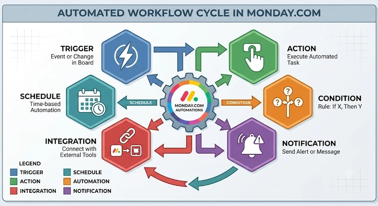 Infographic showing the Monday.com automation strategy framework from quick wins to cross-board scaling
