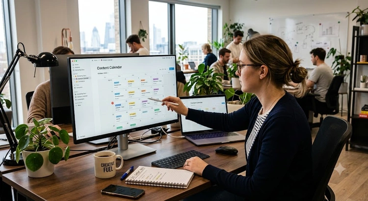 Content calendar in Notion marketing team dashboard showing database views and editorial pipeline