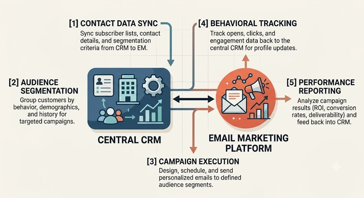 Infographic illustrating the four-step process to integrate CRM with email marketing software including data audit, method selection, field mapping, and testing