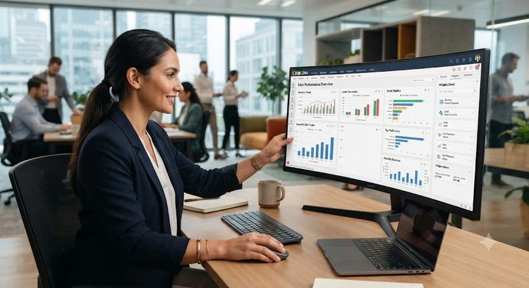 Zoho CRM custom dashboard tutorial showing the analytics module with pipeline components and KPI widgets