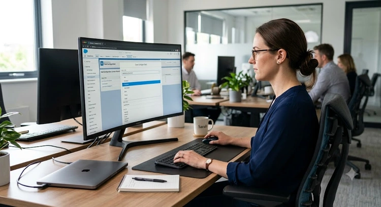 Custom fields in CRM software configuration panel showing dropdown, date, and text field types