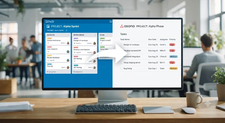 Migrate Trello to Asana: visual comparison of board and project structures side by side