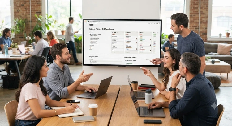 Notion workspace dashboard showing project management databases, Kanban boards, and linked team tasks