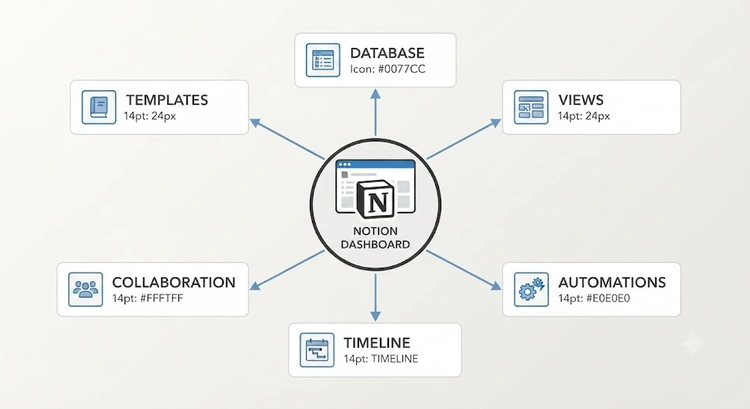 Infographic showing Notion project management setup with connected Projects, Tasks, and People databases
