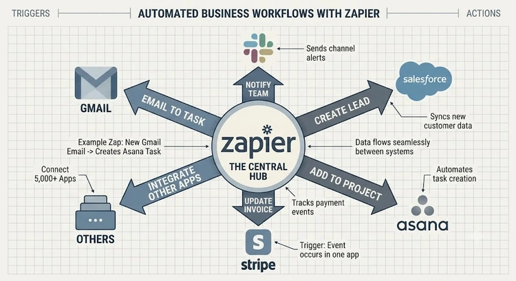 Infographic illustrating how to use Zapier to automate business tools across a connected app stack