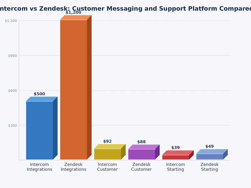 Intercom vs Zendesk feature score comparison chart across messaging, ticketing, AI, and pricing