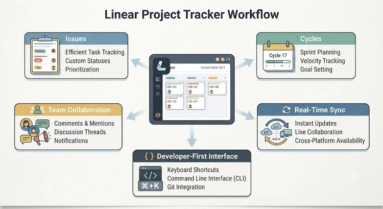 Linear app review infographic summarizing setup steps, pricing tiers, and integration ecosystem