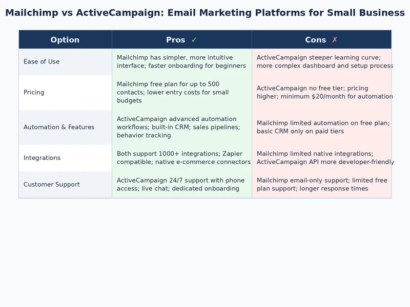 Side-by-side comparison of Mailchimp vs ActiveCampaign pricing and automation features