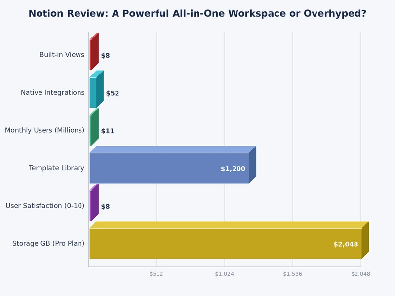 Notion review feature comparison chart showing ratings across documentation, project management, and database views