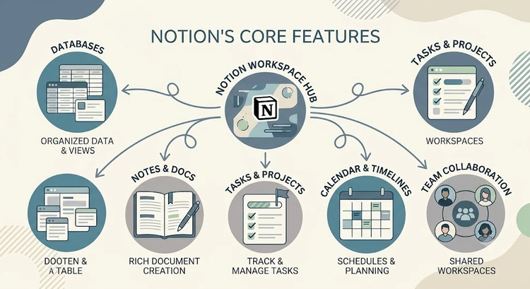 Infographic summarizing Notion review for small teams: core strengths, key limitations, ideal use cases, and pricing tiers