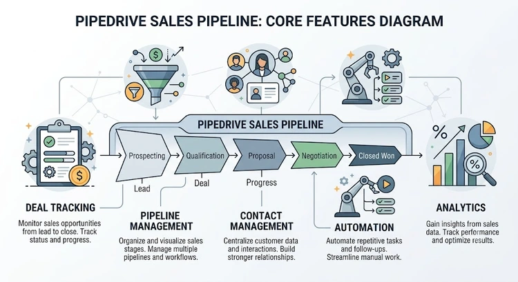 Pipedrive CRM review infographic summarizing key features, pricing tiers, setup steps, and pipeline hygiene best practices