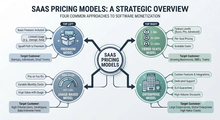 Infographic decision tree for matching SaaS pricing model to team size, growth stage, and workload predictability
