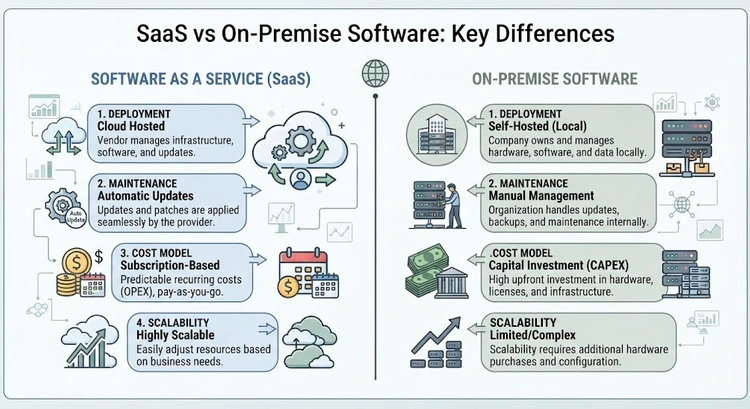Decision framework infographic for choosing between SaaS vs on-premise software