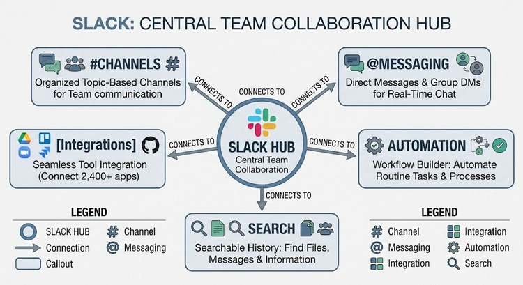 Slack review team communication infographic showing pricing tiers and workspace best practices