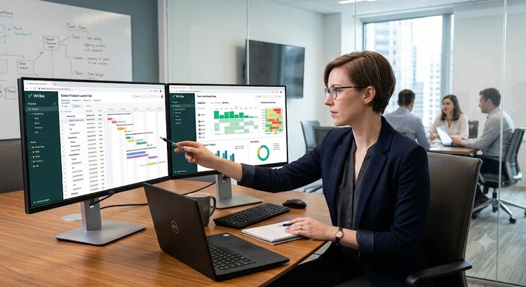 Wrike review — multi-panel project management dashboard for mid-sized teams