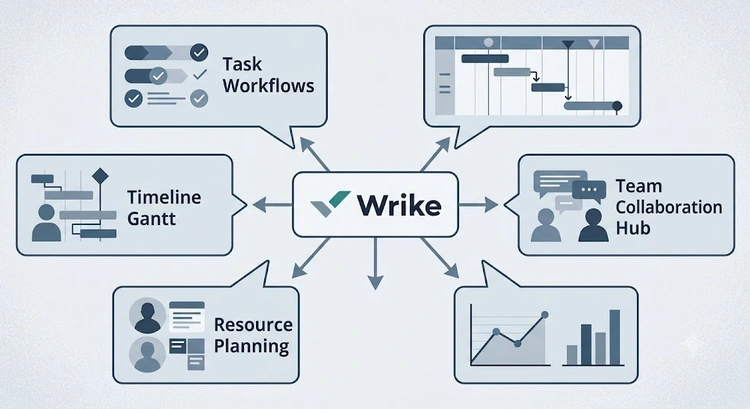 Wrike review infographic — feature hierarchy, pricing tiers, and team fit by size and use case