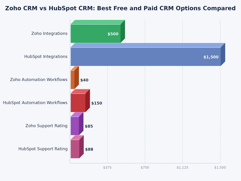 Bar chart comparing Zoho CRM vs HubSpot CRM feature scores and pricing across free and paid plan tiers