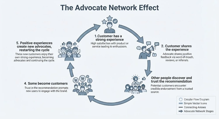 Diagram of the brand advocacy cycle from customer experience to new advocates