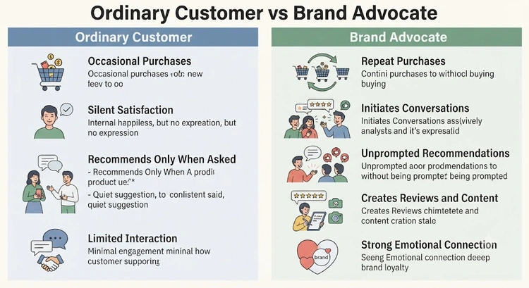 Comparison infographic contrasting ordinary customer behavior with brand advocate behavior