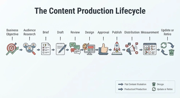 Diagram of the B2B content production lifecycle from objective to retirement
