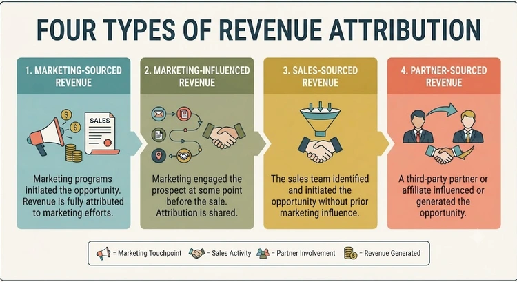 Diagram distinguishing marketing-sourced, marketing-influenced, sales-sourced, and partner-sourced revenue