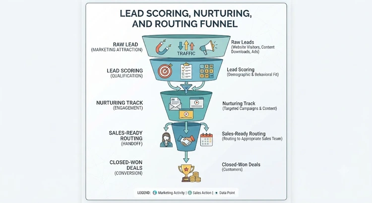 Diagram of a lead moving from scoring through nurturing to sales-ready routing