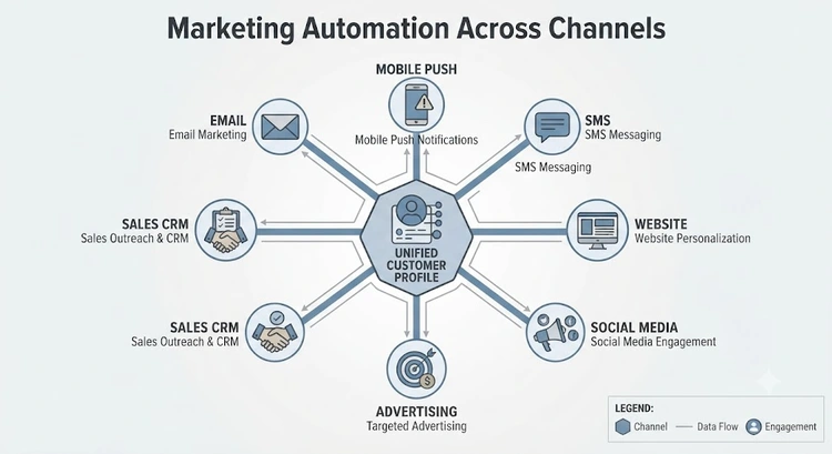 Diagram of marketing automation coordinating email, mobile, SMS, web, social, and advertising channels