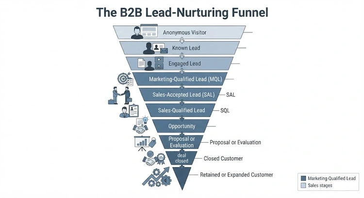 Diagram of a ten-stage B2B lead-nurturing funnel from anonymous visitor to expanded customer