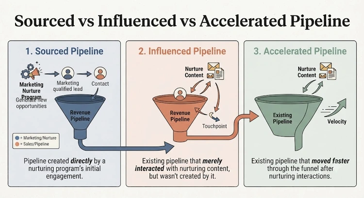 Diagram distinguishing sourced, influenced, and accelerated sales pipeline